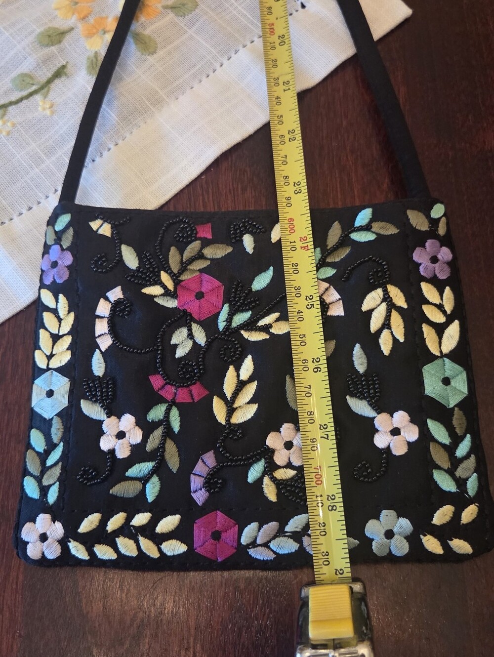 Frankie & Johnnie Embroidered Floral Black Shoulder Bag - Multicolor Accents